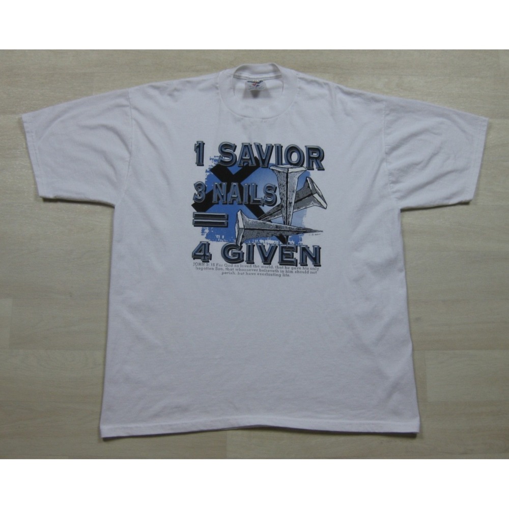 Vintage Y2K Christian T-Shirt (XL) John 3:16 Jesus "1 Savior 3 Nails 4 Given"